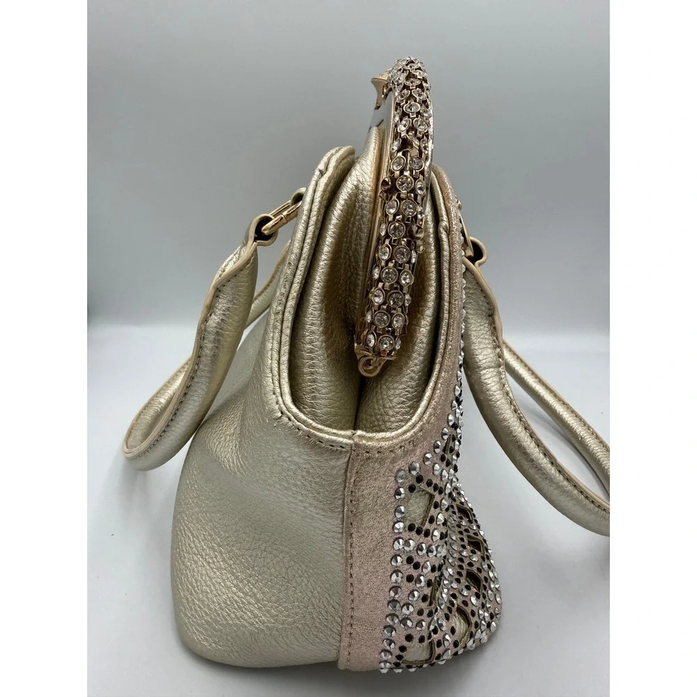 Unbranded Women Handbag Gold Faux Leather Rhinestone Crystal Clasp Large Satchel